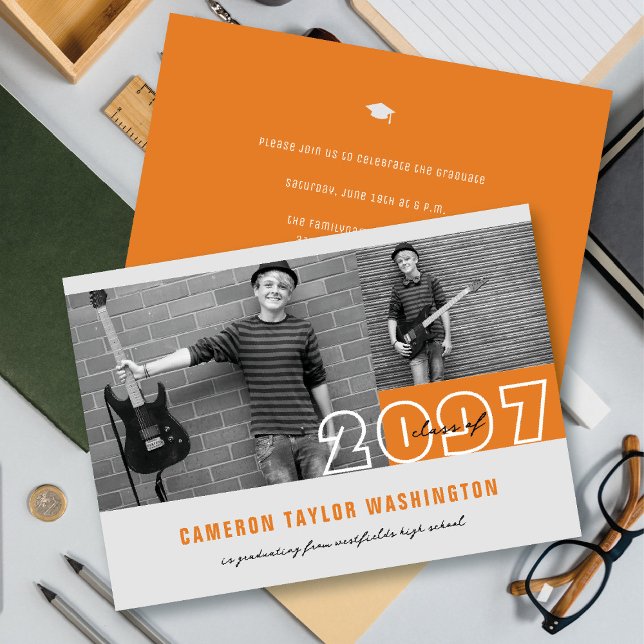 Modern Orange 2 Photo Blocks Graduation Party Invitation (Modern Orange 2 Photo Blocks Simple Graduation Announcement & Party Invitation @ fatfatin)