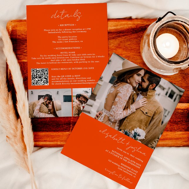 Modern orange 4 photo Qr all in one wedding Invitation (Modern black white 4 photo Qr all in one wedding Invitation on orange)
