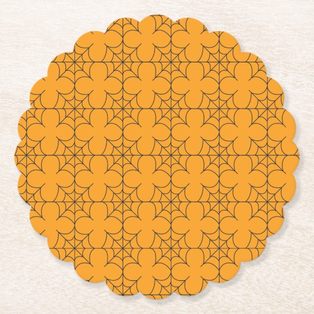 Modern Orange and Black Linear Spider Web Paper Coaster (Front)