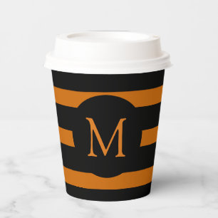 Modern Orange and Black Stripes Monogram Paper Cups