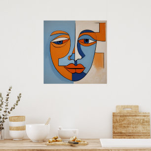 Modern Orange and Blue Abstract Face Poster