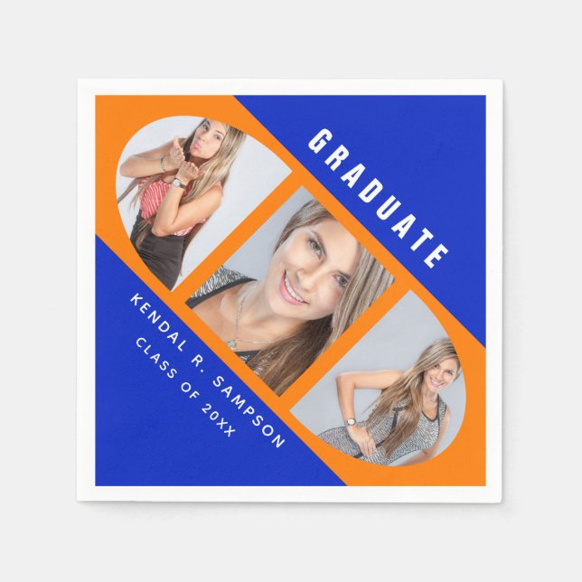Modern Orange and Blue Graduation Photo Collage Napkin (Front)