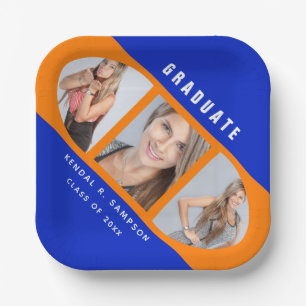 Modern Orange and Blue Graduation Photo Collage Pa Paper Plate