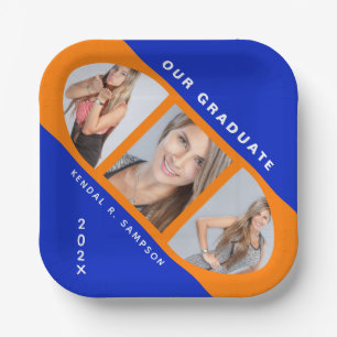 Modern Orange and Blue Graduation Photo Collage Paper Plate
