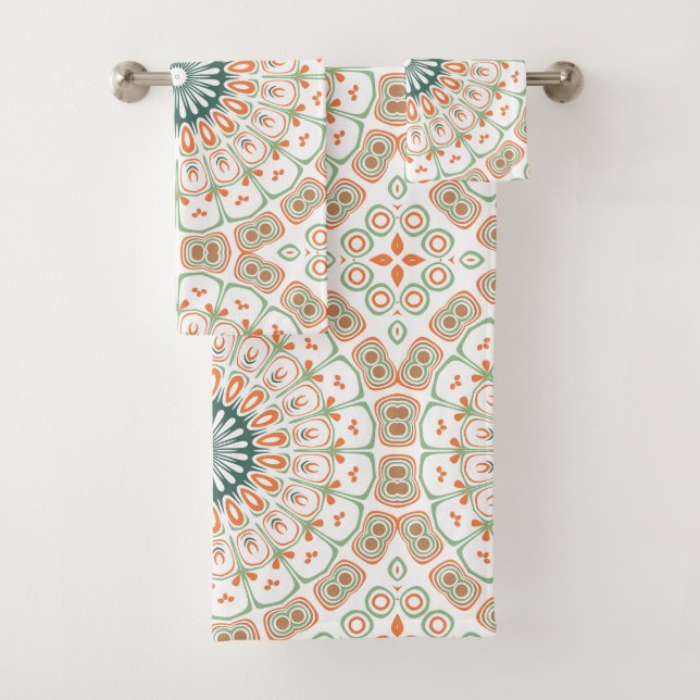 Modern Orange and Green Mandala Pattern Bath Towel Set (Insitu)