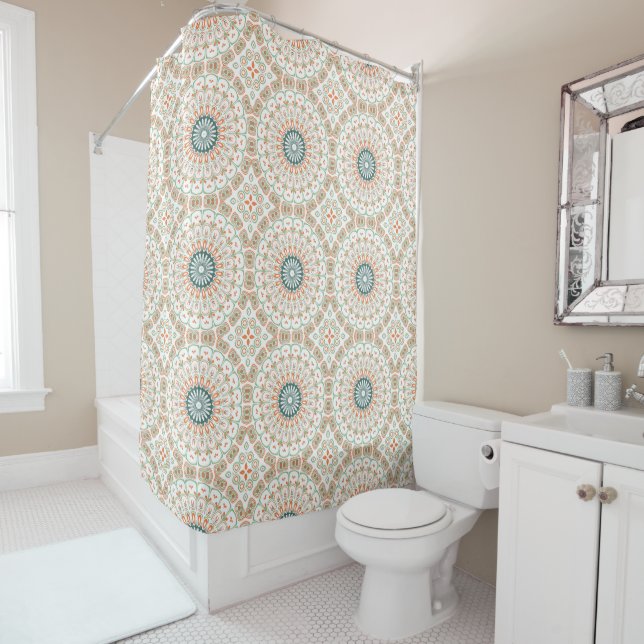 Modern Orange and Green Mandala Pattern Shower Curtain (In Situ)