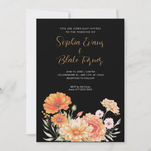 Modern Orange and Pink Garden Black Wedding Invitation