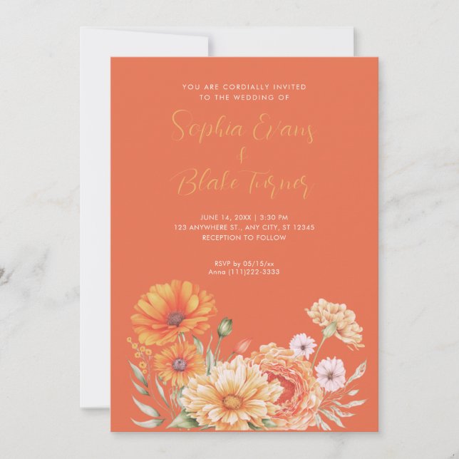 Modern Orange and Pink Garden Orange Wedding Invitation (Front)