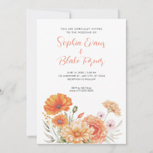 Modern Orange and Pink Garden White Wedding Invitation
