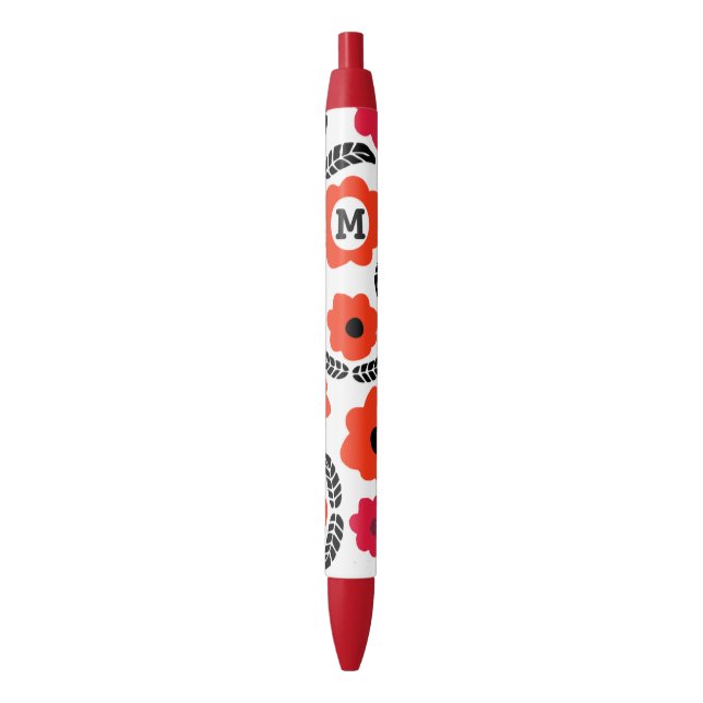 Modern Orange and Red Floral Monogram Black Ink Pen (Front Vertical)