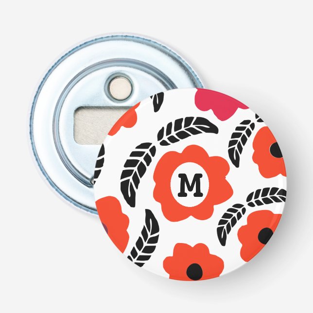 Modern Orange and Red Floral Monogram Bottle Opener (Front)