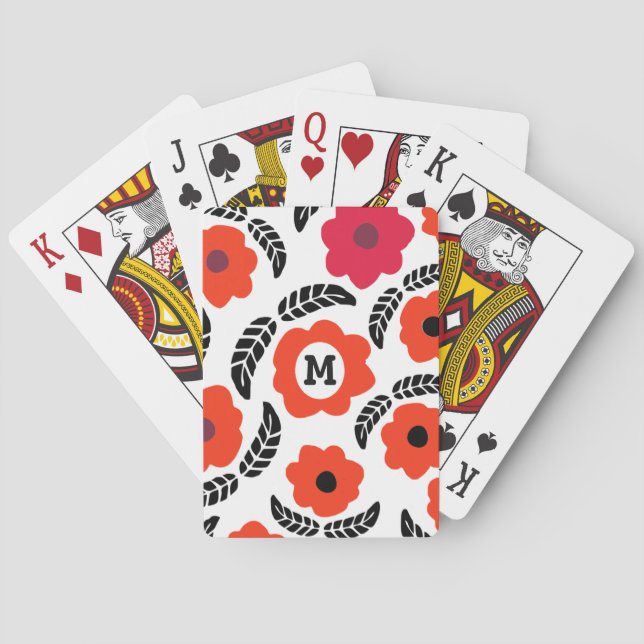 Modern Orange and Red Floral Monogram Playing Cards (Back)