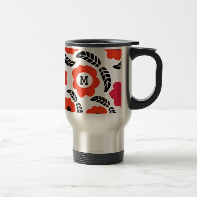 Modern Orange and Red Floral Monogram Travel Mug (Right)