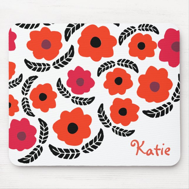 Modern Orange and Red Floral Personalised Mouse Mat (Front)