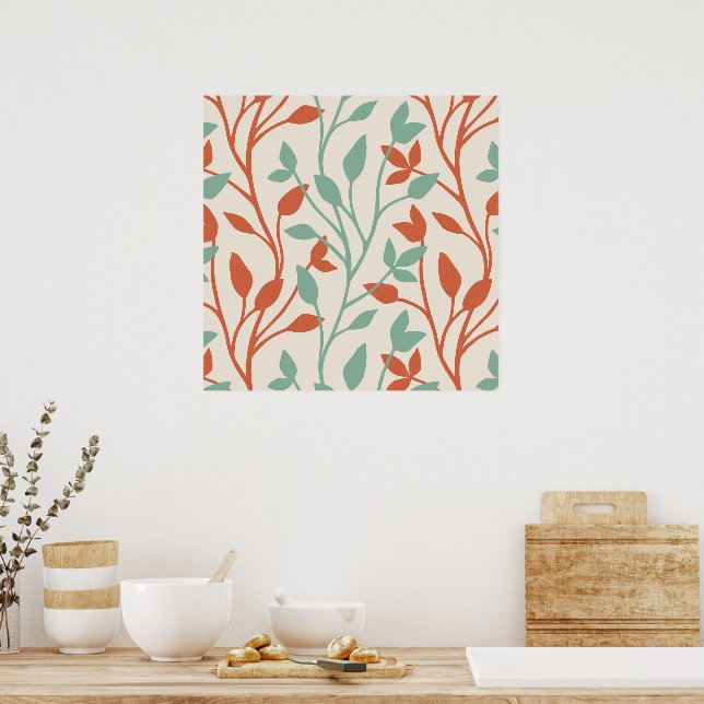 Modern Orange and Sage Botanical Vine Pattern Poster (Kitchen)