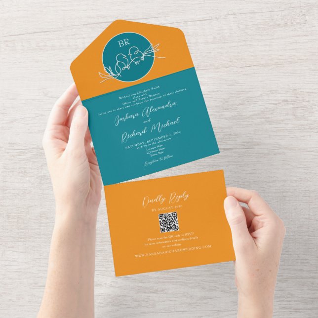 Modern Orange and Teal Wedding All In One Invitation (Tearaway)