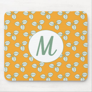 Modern Orange and White Leaf Pattern Monogram Mouse Mat