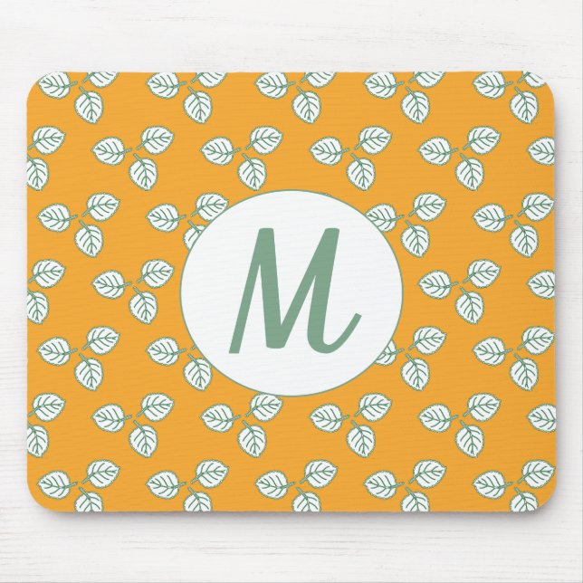 Modern Orange and White Leaf Pattern Monogram Mouse Mat (Front)