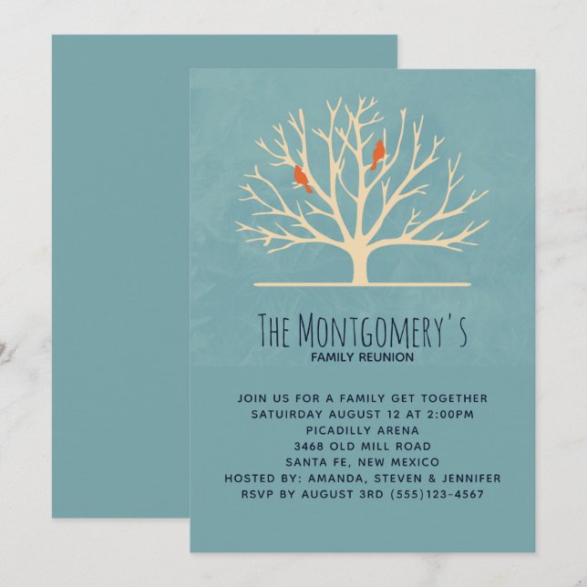 Modern Orange Birds in a Large Tree Family Reunion Invitation (Front/Back)