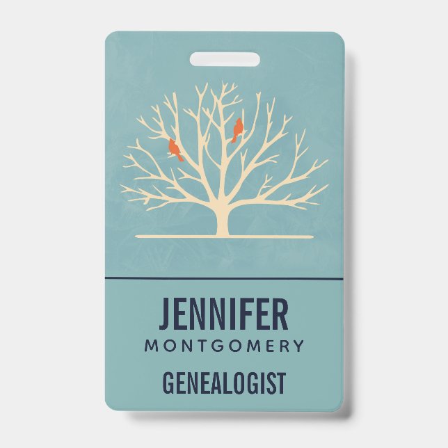 Modern Orange Birds in a Large Tree Genealogist ID Badge (Front)