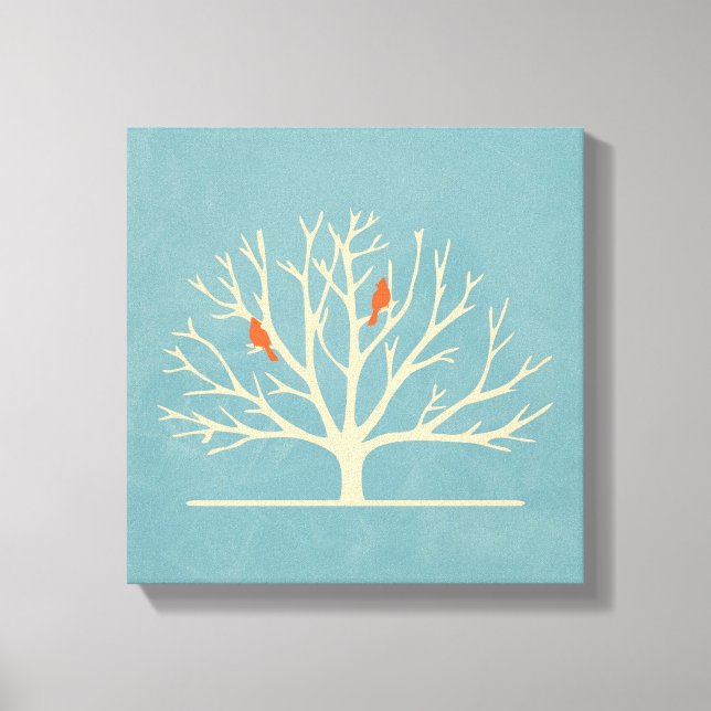 Modern Orange Birds in a Large Tree Illustration Canvas Print (Front)