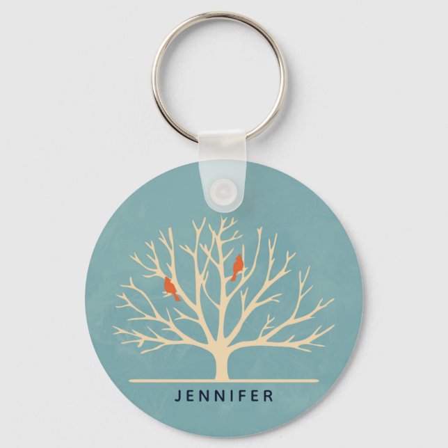 Modern Orange Birds in a Large Tree Illustration Key Ring (Front)