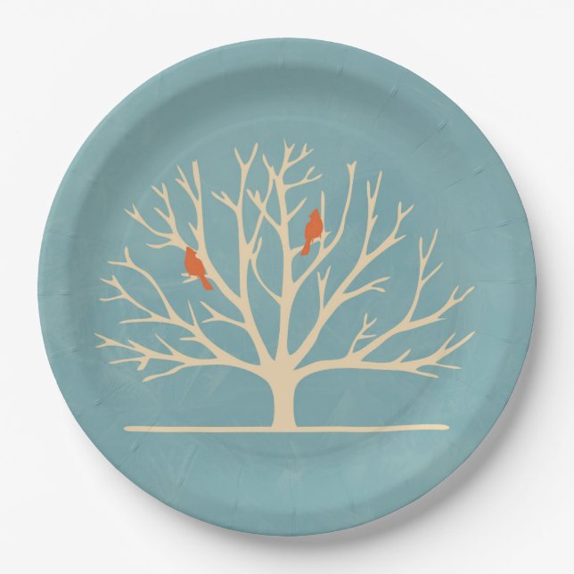 Modern Orange Birds in a Large Tree Illustration Paper Plate (Front)