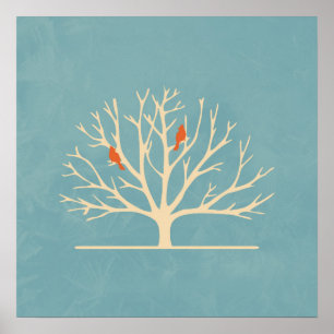 Modern Orange Birds in a Large Tree Illustration Poster