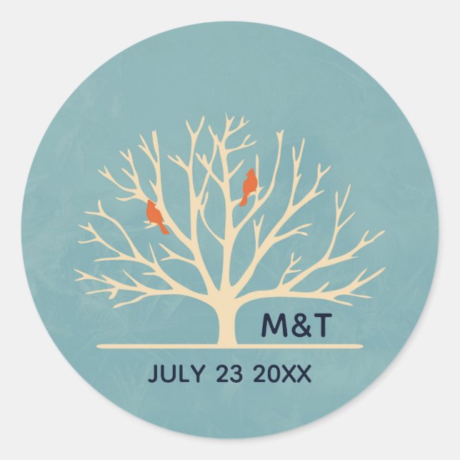 Modern Orange Birds in a Large Tree Wedding Classic Round Sticker (Front)
