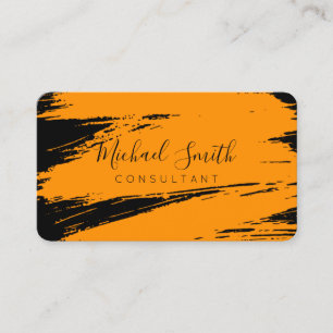Modern Orange Black Brush Stroke Paint Business Card