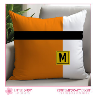 Modern Orange Black Colour Block Monogrammed Cushion
