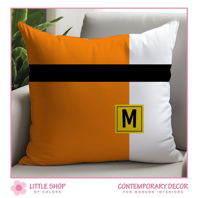 Modern Orange Black Colour Block Monogrammed Cushion (Creator Uploaded)
