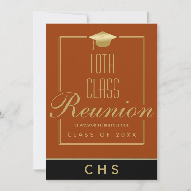 Modern Orange Black Gold Script 10th Class Reunion Invitation (Front)