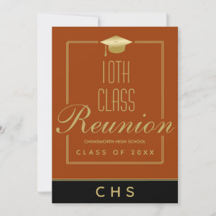 Modern Orange Black Gold Script 10th Class Reunion Invitation