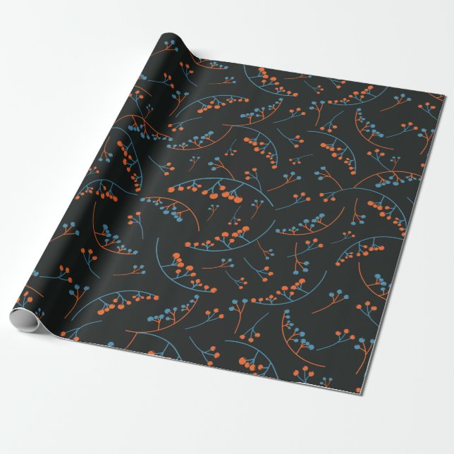 Modern orange blue berries illustration pattern wrapping paper (Unrolled)
