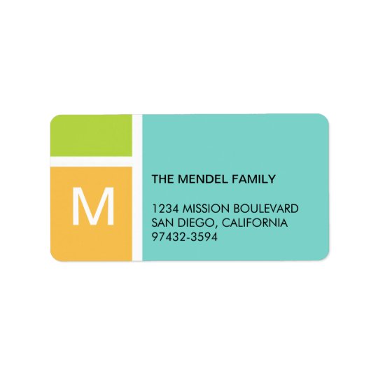 Modern orange blue colour block monogram address address label