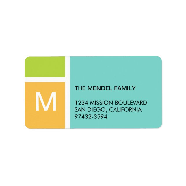 Modern orange blue colour block monogram address label (Front)