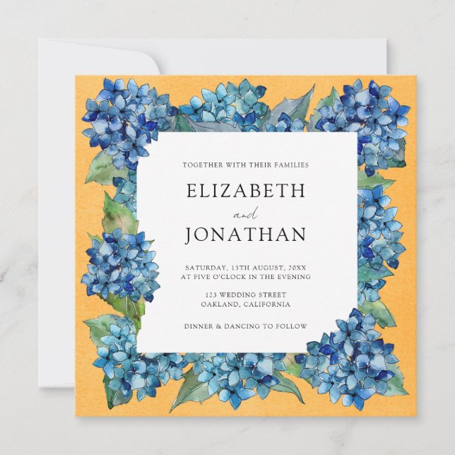 Modern Orange Blue Hydrangeas Watercolor Wedding Invitation (Front)
