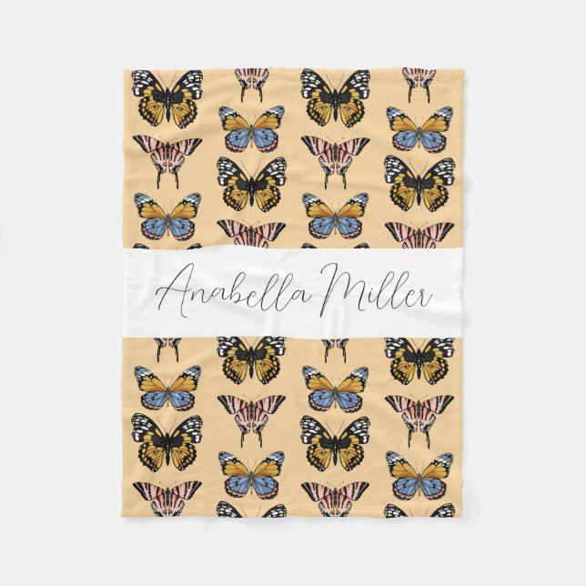 Modern Orange Boho Butterfly Pattern Kids Name  Fleece Blanket (Front)