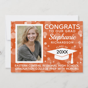 Modern Orange Bokeh Bubbles Photo Graduation Invitation