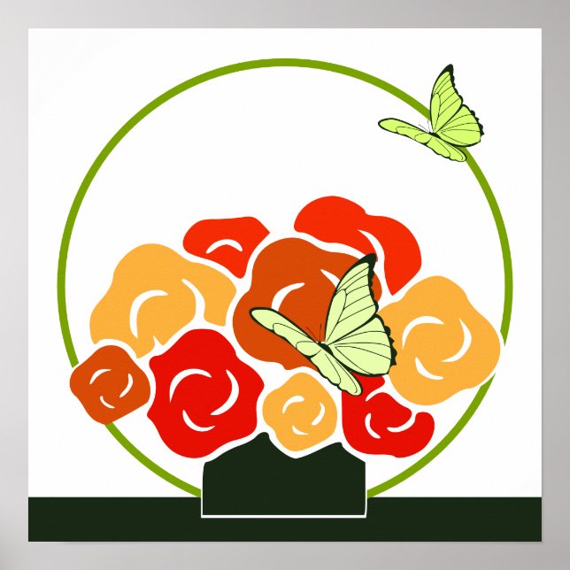 Modern Orange Bouquet & Green Butterflies Square  Poster (Front)
