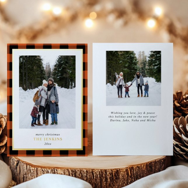 Modern Orange Buffalo Plaid Christmas Two Photos Foil Holiday Card (Creator Uploaded)