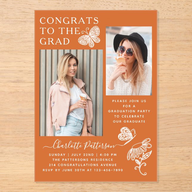 Modern Orange Butterfly Photo Graduation Party Acrylic Invitations (Front)