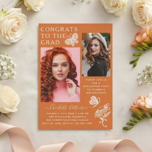Modern Orange  Butterfly Photo Graduation Party Invitation