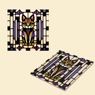 Modern Orange Cat Stained Glass Illustration Tile