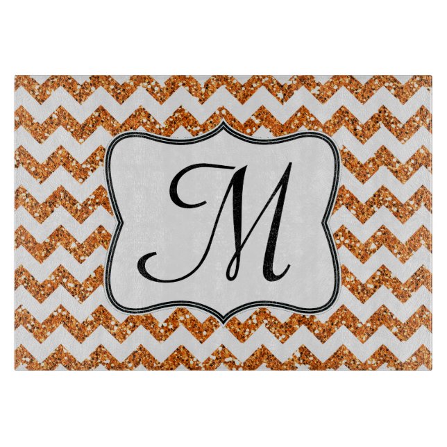 Modern Orange Chevron Monogram Glass Cutting Board (Front)