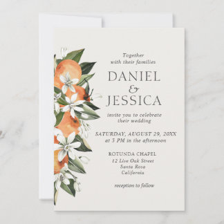 Modern Orange citrus blossom watercolor wedding Invitation