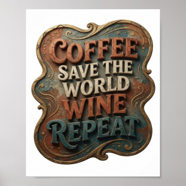 Modern Orange COFFEE SAVE THE WORLD WINE REPEAT Poster (Front)