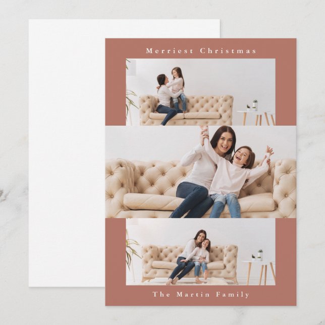 Modern Orange Collage with Three Photos Holiday Card (Front/Back)