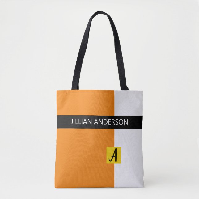Modern Orange Colour Blocked Monogrammed Tote Bag (Front)